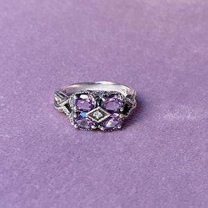 Sterling, amethyst and diamond ring, size 6.5